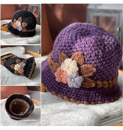 French Thicken Women's Flowers Knitted Woolen Hat, Winter Outdoor Warm Windproof Knitted Crochet Beanie Hat for Women 2pcs-f ...