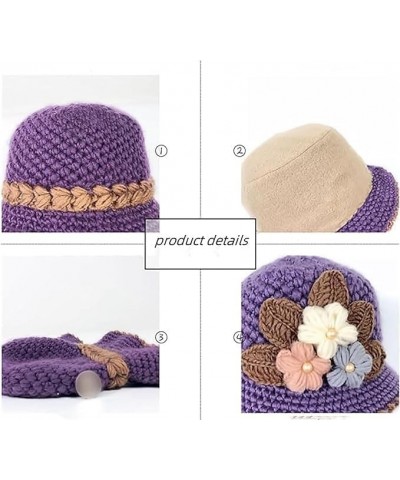 French Thicken Women's Flowers Knitted Woolen Hat, Winter Outdoor Warm Windproof Knitted Crochet Beanie Hat for Women 2pcs-f ...