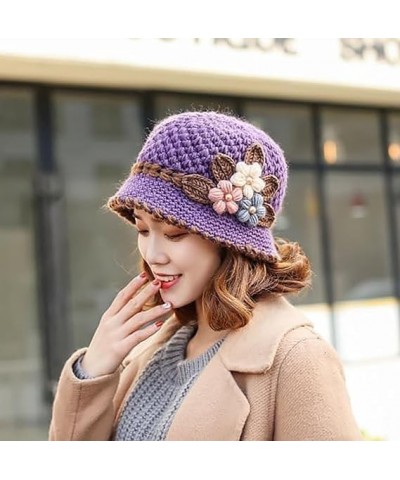 French Thicken Women's Flowers Knitted Woolen Hat, Winter Outdoor Warm Windproof Knitted Crochet Beanie Hat for Women 2pcs-f ...