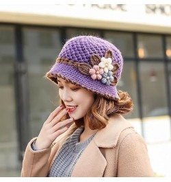 French Thicken Women's Flowers Knitted Woolen Hat, Winter Outdoor Warm Windproof Knitted Crochet Beanie Hat for Women 2pcs-f ...