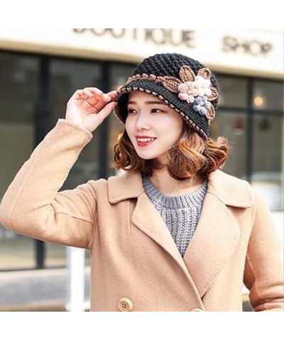 French Thicken Women's Flowers Knitted Woolen Hat, Winter Outdoor Warm Windproof Knitted Crochet Beanie Hat for Women 2pcs-f ...