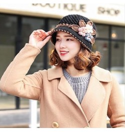 French Thicken Women's Flowers Knitted Woolen Hat, Winter Outdoor Warm Windproof Knitted Crochet Beanie Hat for Women 2pcs-f ...