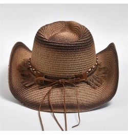 Straw Hat Women Men Summer Outdoor Travel Beach Hats Tassels Western Cowgirl Sunshade Hats Khaki $20.43 Sun Hats