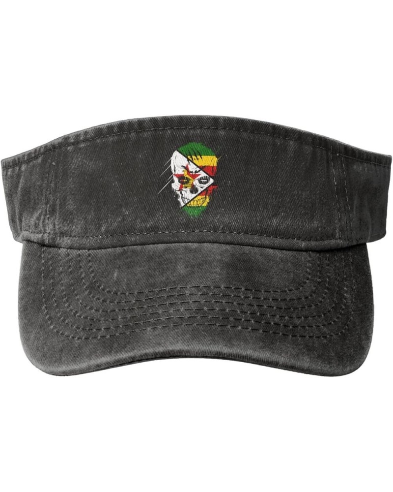 Creative Zimbabwe Patriot Skull National Flag Sun Visor Hats for Women Men Adjustable Cotton Sun Hat Golf Cap Black $10.51 Vi...