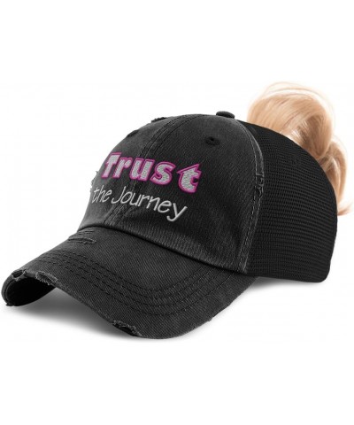 Womens Ponytail Cap Trust The Journey Cotton Distressed Trucker Hats Black $17.69 Baseball Caps