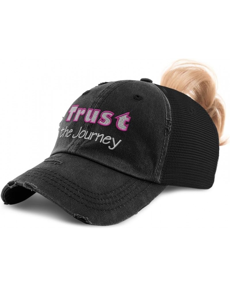 Womens Ponytail Cap Trust The Journey Cotton Distressed Trucker Hats Black $17.69 Baseball Caps