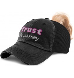 Womens Ponytail Cap Trust The Journey Cotton Distressed Trucker Hats Black $17.69 Baseball Caps