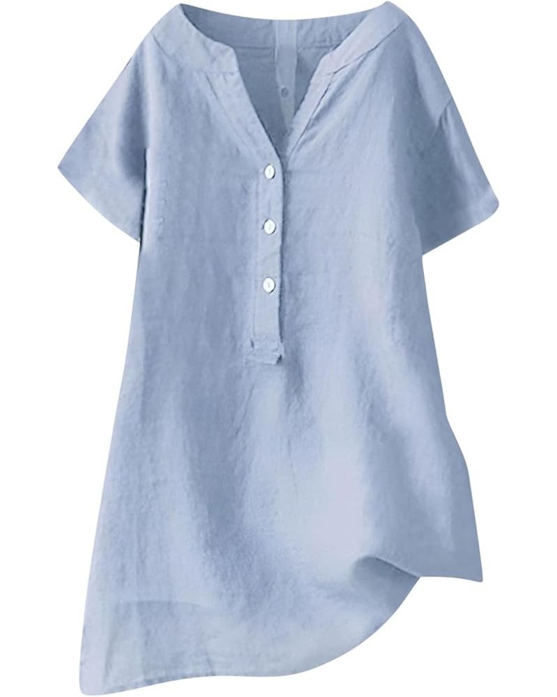 Loose Button Down Blouse Tops Stand Solid Sleeve Long Casual Women Linen Shirt Blouse Shirts for Women Linen Silk 6-sky Blue ...