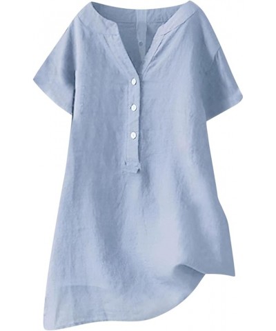 Loose Button Down Blouse Tops Stand Solid Sleeve Long Casual Women Linen Shirt Blouse Shirts for Women Linen Silk 6-sky Blue ...