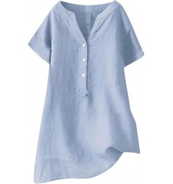 Loose Button Down Blouse Tops Stand Solid Sleeve Long Casual Women Linen Shirt Blouse Shirts for Women Linen Silk 6-sky Blue ...