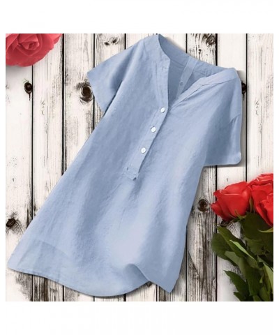 Loose Button Down Blouse Tops Stand Solid Sleeve Long Casual Women Linen Shirt Blouse Shirts for Women Linen Silk 6-sky Blue ...