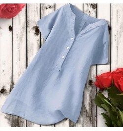 Loose Button Down Blouse Tops Stand Solid Sleeve Long Casual Women Linen Shirt Blouse Shirts for Women Linen Silk 6-sky Blue ...