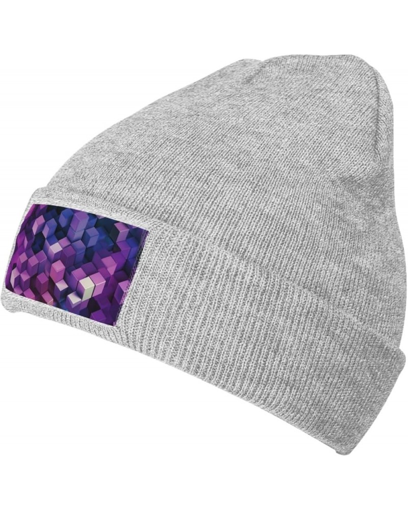 Abstract Color Cubes Purple Print Knit Beanie for Men Women Casual Knit Hat Winter Knit Cuffed Beanie Soft Hat Gray $13.50 Sk...