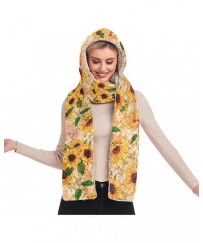 Women Winter Scarf Vintage Sunflower 3 in 1 Hooded Hat Pullover Mitten Combo Cold Weather Neck Warmer $14.57 Scarves