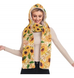 Women Winter Scarf Vintage Sunflower 3 in 1 Hooded Hat Pullover Mitten Combo Cold Weather Neck Warmer $14.57 Scarves