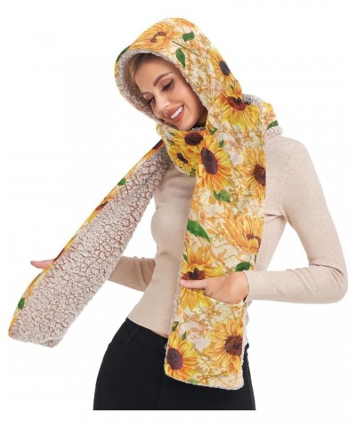 Women Winter Scarf Vintage Sunflower 3 in 1 Hooded Hat Pullover Mitten Combo Cold Weather Neck Warmer $14.57 Scarves