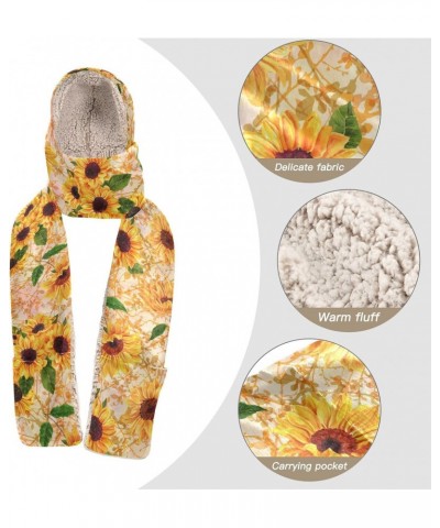 Women Winter Scarf Vintage Sunflower 3 in 1 Hooded Hat Pullover Mitten Combo Cold Weather Neck Warmer $14.57 Scarves