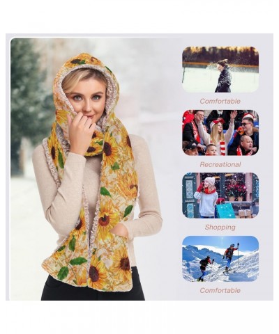 Women Winter Scarf Vintage Sunflower 3 in 1 Hooded Hat Pullover Mitten Combo Cold Weather Neck Warmer $14.57 Scarves