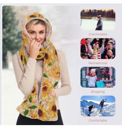 Women Winter Scarf Vintage Sunflower 3 in 1 Hooded Hat Pullover Mitten Combo Cold Weather Neck Warmer $14.57 Scarves