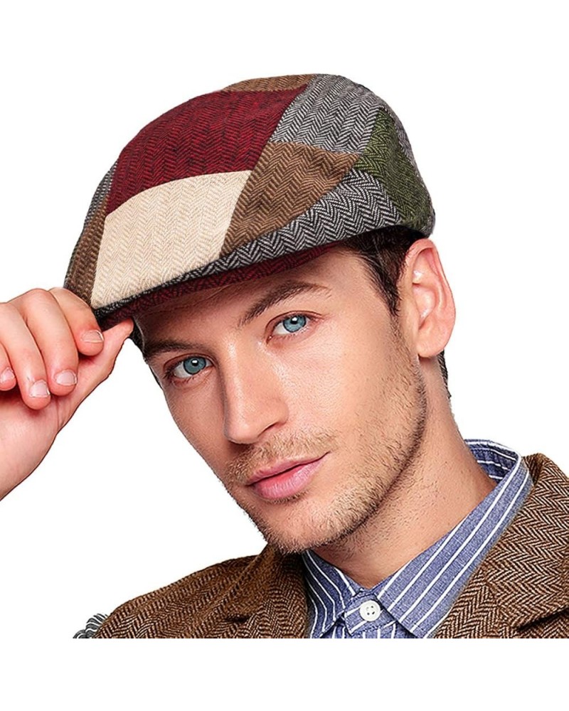 Men Ivy Hat Newsboy Cap - Classic Wool Blend Tweed Flat Cap Cabbie Hat Men Patchwork 02 With Red Brim $12.23 Rain Hats