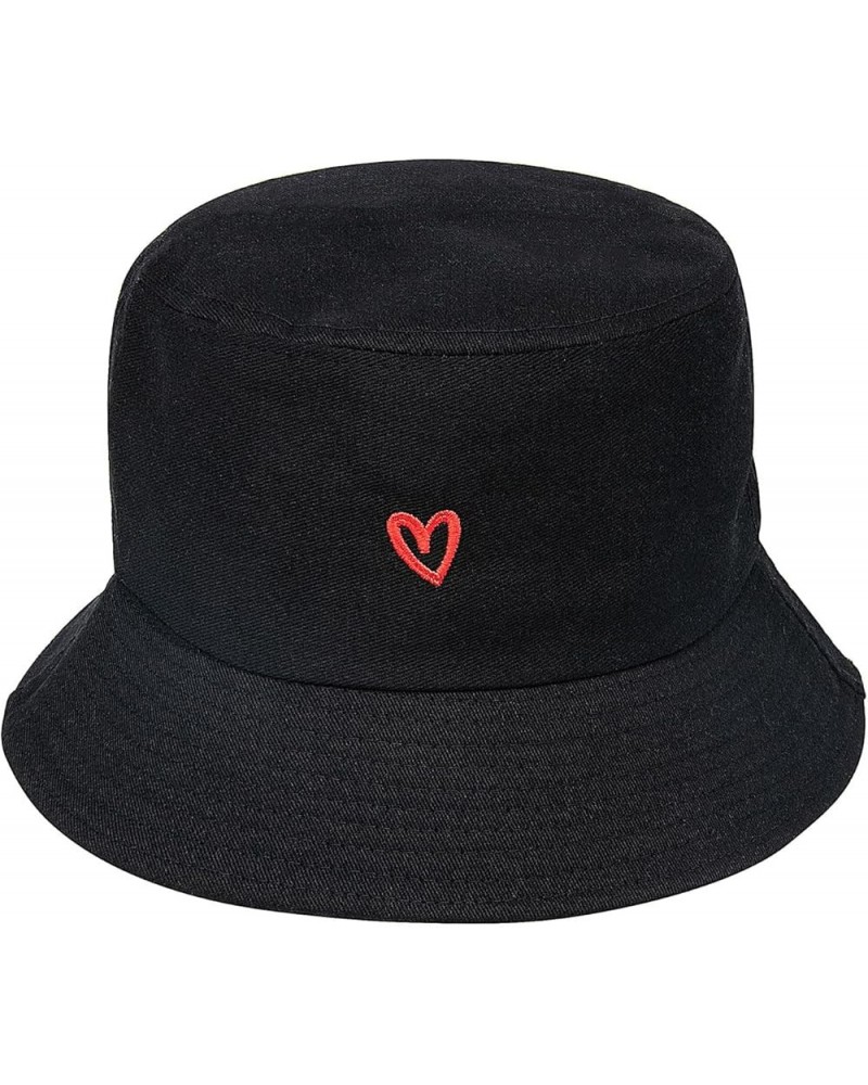 Bucket Hat for Women Men - Travel Sun Beach Embroidered Bucket Hat Unisex Fisherman Hat Outdoor Heart Black $10.24 Bucket Hats