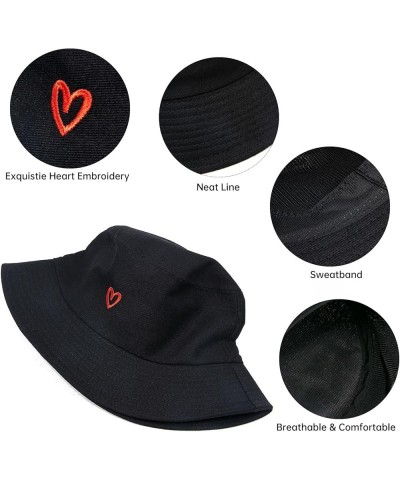 Bucket Hat for Women Men - Travel Sun Beach Embroidered Bucket Hat Unisex Fisherman Hat Outdoor Heart Black $10.24 Bucket Hats