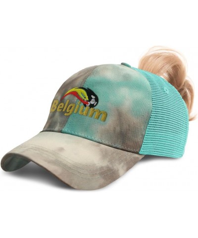 Womens Ponytail Cap Belgium Europe Football Cup Cotton Distressed Trucker Hats Tie Dye Aqua $15.11 Baseball Caps