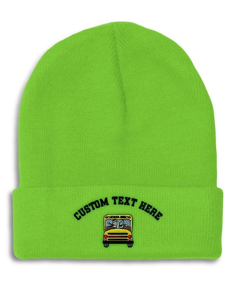 Custom Beanies for Men School Bus Girl Embroidery Bus Winter Hats for Women Acrylic Skull Cap 1 Size Lime Personalized Text H...