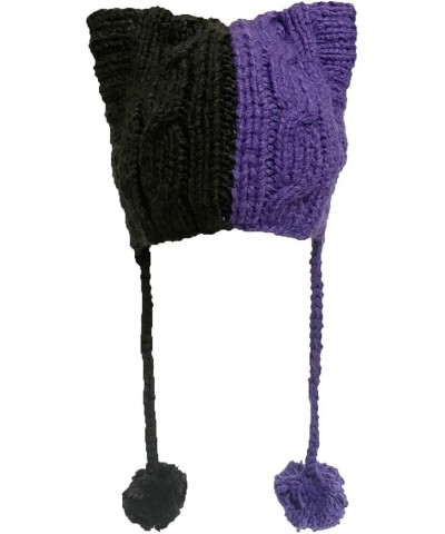 Winter Women's Hat Pussy Cat Ear Beanie Braided Pompom Balls Knit Cap Black Dark Purple $9.53 Skullies & Beanies