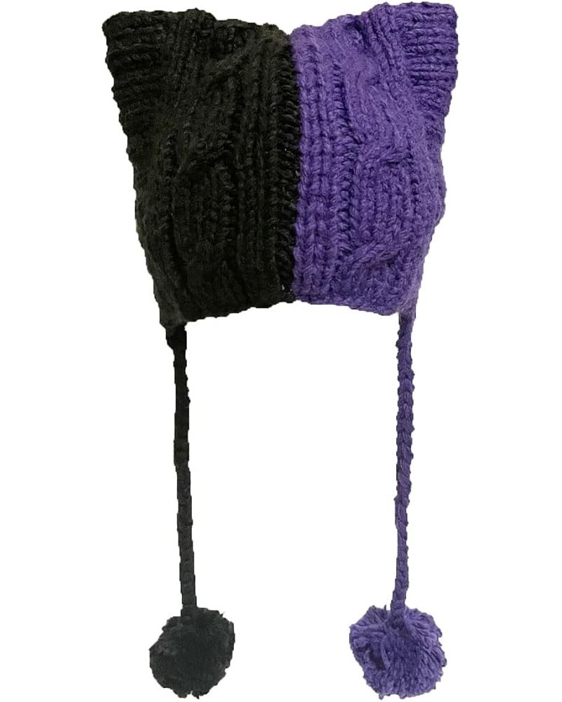 Winter Women's Hat Pussy Cat Ear Beanie Braided Pompom Balls Knit Cap Black Dark Purple $9.53 Skullies & Beanies