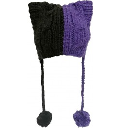 Winter Women's Hat Pussy Cat Ear Beanie Braided Pompom Balls Knit Cap Black Dark Purple $9.53 Skullies & Beanies