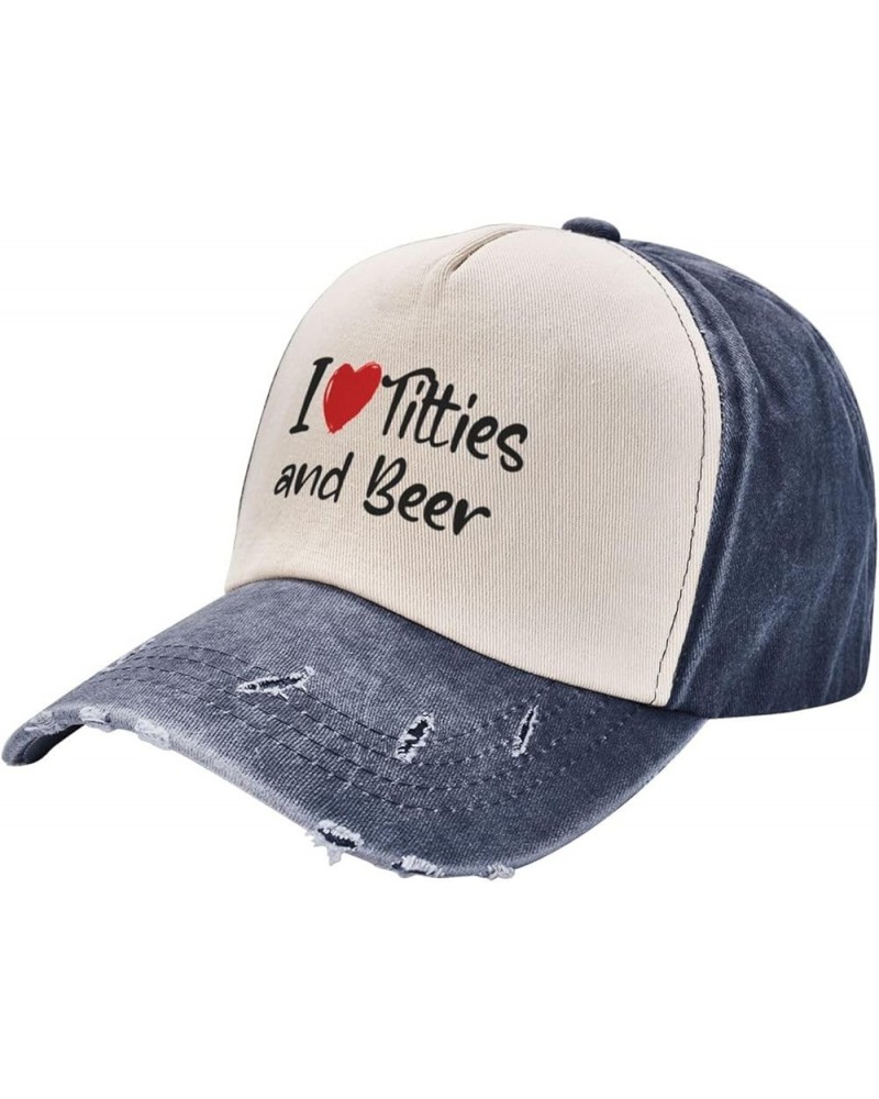 I Love Titties and Beer Washed Baseball Caps Womens Mans Outdoor Denim Hats Adjustable Navy Blue $15.35 Baseball Caps