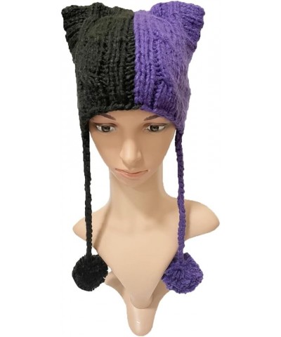 Winter Women's Hat Pussy Cat Ear Beanie Braided Pompom Balls Knit Cap Black Dark Purple $9.53 Skullies & Beanies