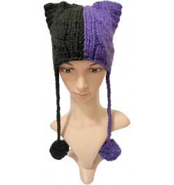 Winter Women's Hat Pussy Cat Ear Beanie Braided Pompom Balls Knit Cap Black Dark Purple $9.53 Skullies & Beanies