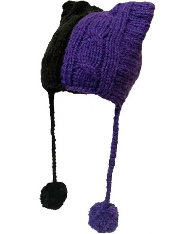 Winter Women's Hat Pussy Cat Ear Beanie Braided Pompom Balls Knit Cap Black Dark Purple $9.53 Skullies & Beanies