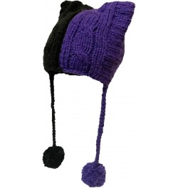 Winter Women's Hat Pussy Cat Ear Beanie Braided Pompom Balls Knit Cap Black Dark Purple $9.53 Skullies & Beanies