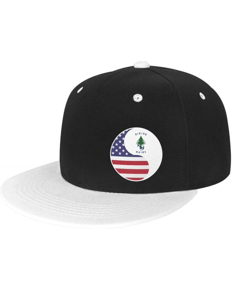 Yin Yang Flag Combination of America and Maine Snapback Hat Flat Bill Hat Baseball Cap for Men Women Flat Brim Hats White $9....