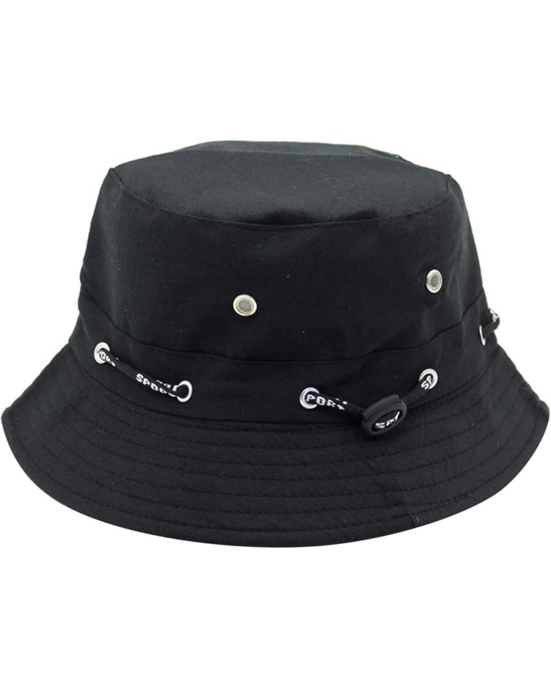 Solid Color Cotton Bucket Hat with Nail Hole Rope Elastic Plain Foldable Beach Sun Hat for City Walk Black $6.04 Rain Hats