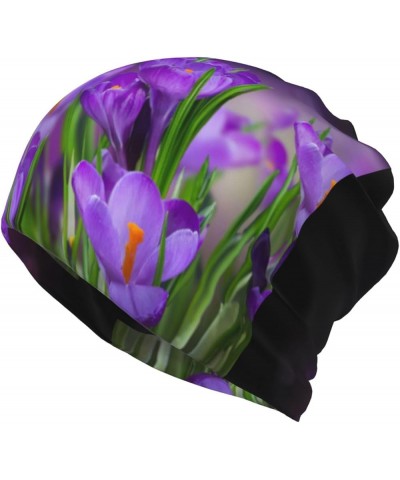 White Daisy Print Adult Multifunction Beanie Hat for Men Women Fashion Scarf Soft Stretch Skull Cap Green Leaves and Purple F...