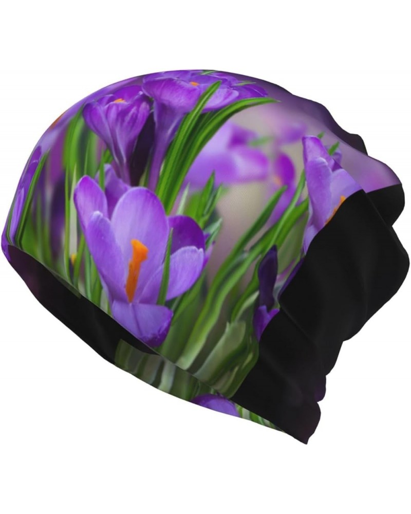 White Daisy Print Adult Multifunction Beanie Hat for Men Women Fashion Scarf Soft Stretch Skull Cap Green Leaves and Purple F...