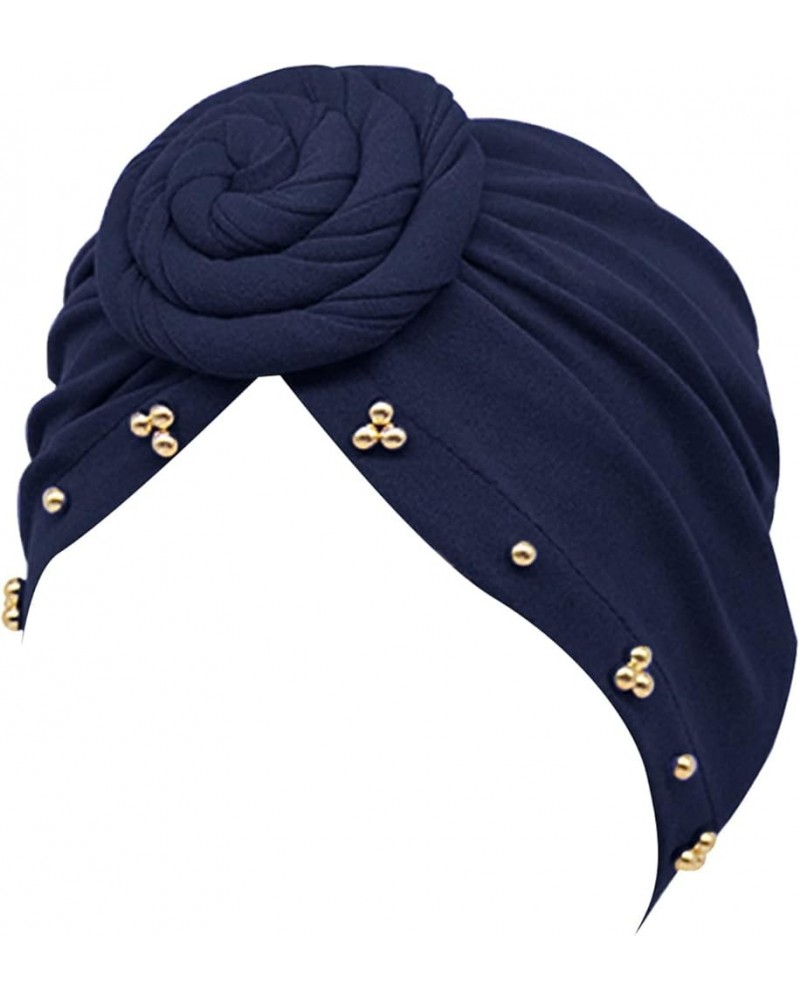 Women Turbans Hat Solid Head Wraps African Turban Flower Knot Pre-Tied Bonnet Beanie Cap for Women Navy $5.94 Skullies & Beanies