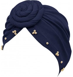 Women Turbans Hat Solid Head Wraps African Turban Flower Knot Pre-Tied Bonnet Beanie Cap for Women Navy $5.94 Skullies & Beanies