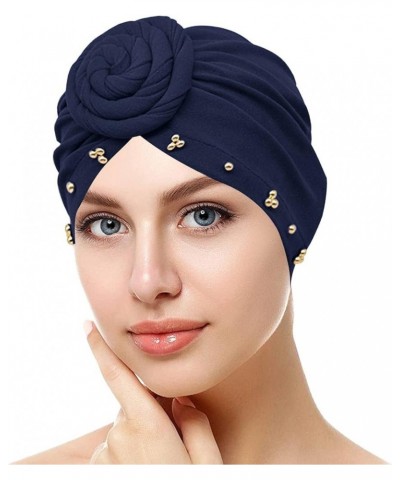 Women Turbans Hat Solid Head Wraps African Turban Flower Knot Pre-Tied Bonnet Beanie Cap for Women Navy $5.94 Skullies & Beanies