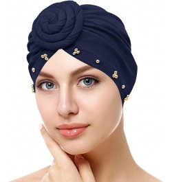 Women Turbans Hat Solid Head Wraps African Turban Flower Knot Pre-Tied Bonnet Beanie Cap for Women Navy $5.94 Skullies & Beanies