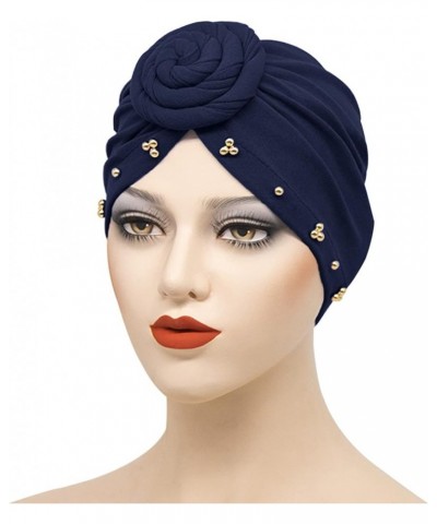 Women Turbans Hat Solid Head Wraps African Turban Flower Knot Pre-Tied Bonnet Beanie Cap for Women Navy $5.94 Skullies & Beanies