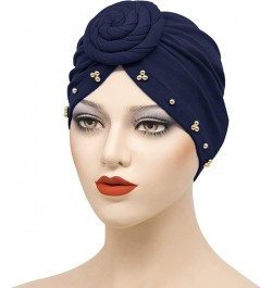 Women Turbans Hat Solid Head Wraps African Turban Flower Knot Pre-Tied Bonnet Beanie Cap for Women Navy $5.94 Skullies & Beanies