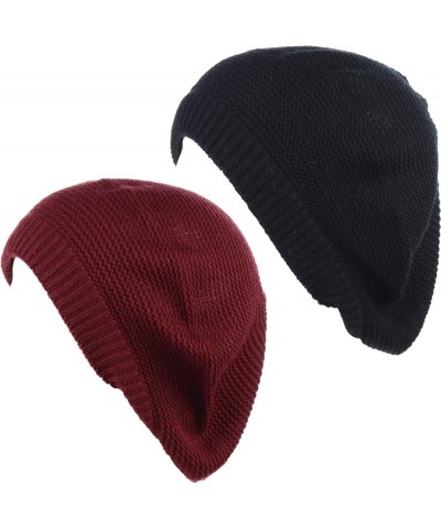 BYOS Women's Chic Lightweight Soft Solid Waffle Knit Beret Beanie Hat Cap 2 Pack-red Wine & Black $13.67 Berets