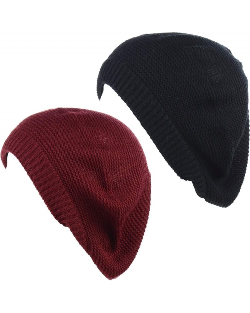 BYOS Women's Chic Lightweight Soft Solid Waffle Knit Beret Beanie Hat Cap 2 Pack-red Wine & Black $13.67 Berets