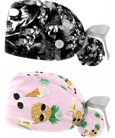 Overlapping Skull 2 Pcs Scrub Cap Working Cap with Buttons Adjustable Nurse Hat for Woman Man $11.43 Skullies & Beanies