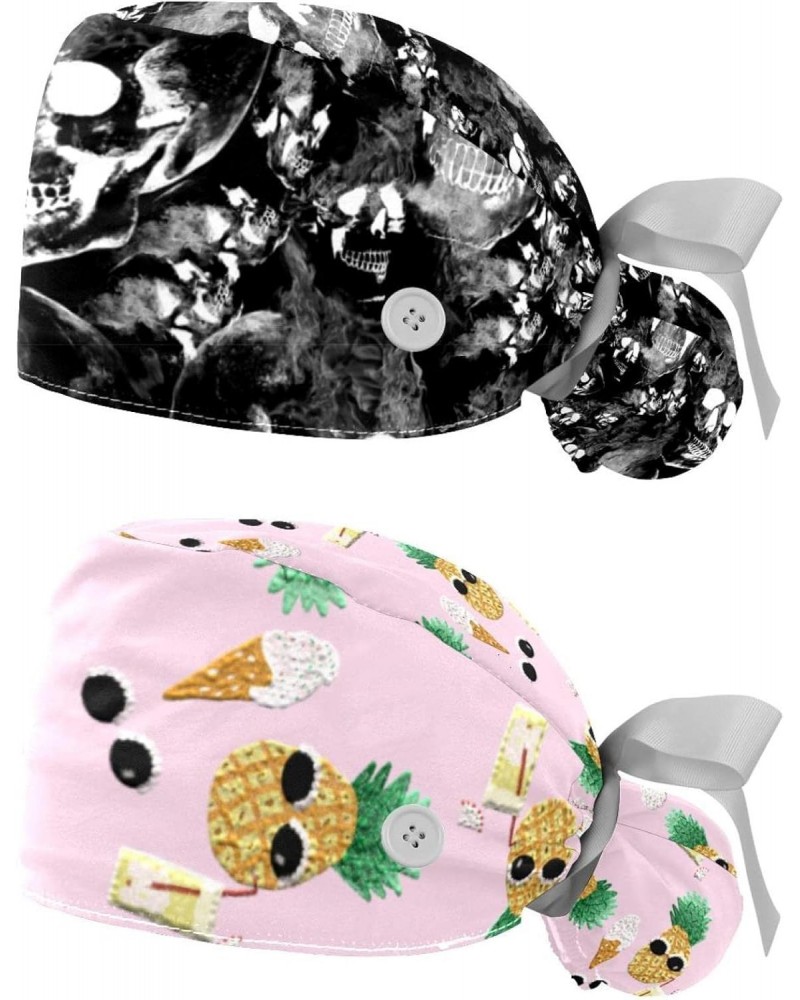 Overlapping Skull 2 Pcs Scrub Cap Working Cap with Buttons Adjustable Nurse Hat for Woman Man $11.43 Skullies & Beanies